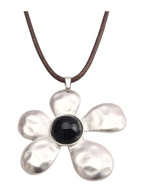 Silver Flower Pendant Necklace with Black Center - Women Jewelry